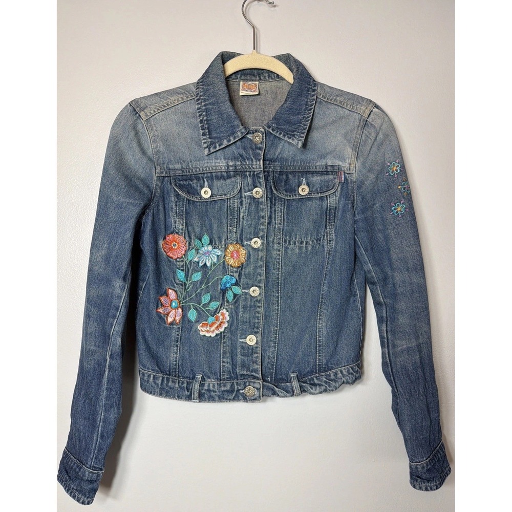 Vintage Embroidered Boho Y2K Denim Jacket Oilily Women's Size 36/small Flowers
